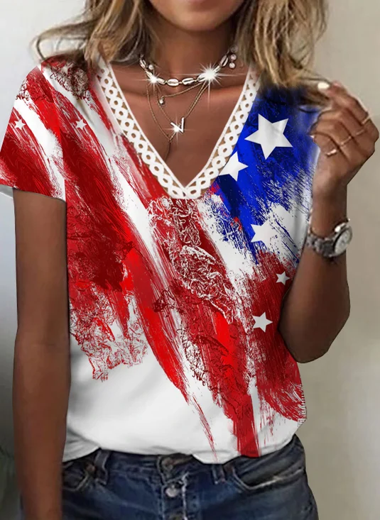 Flag Star Striped Printed Casual Loosen V Neck Short Sleeve Independence Day T-Shirt With America Flag