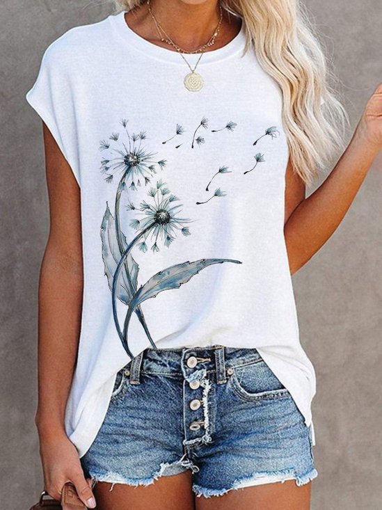 Casual Dandelion Short Sleeve Round Neck Printed Top T-shirt