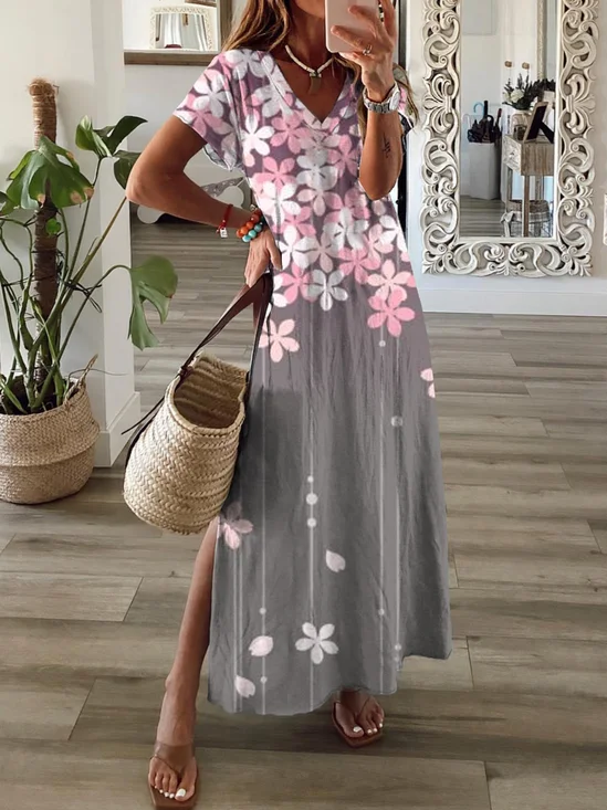 Casual Floral Short Sleeve V Neck Printed Dress