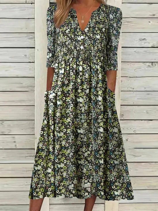 Casual Floral V neck Short Sleeve Dress