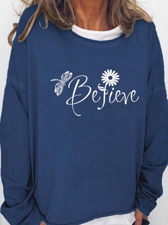 Women Dragonfly Floral Letters Casual Sweatshirt