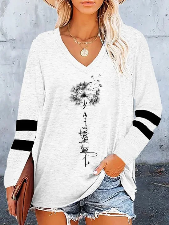 V Neck Dandelion Long Sleeve Loose T-Shirt