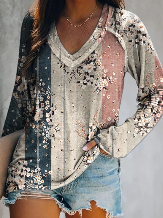 Long sleeve V Neck Floral Casual T-Shirt