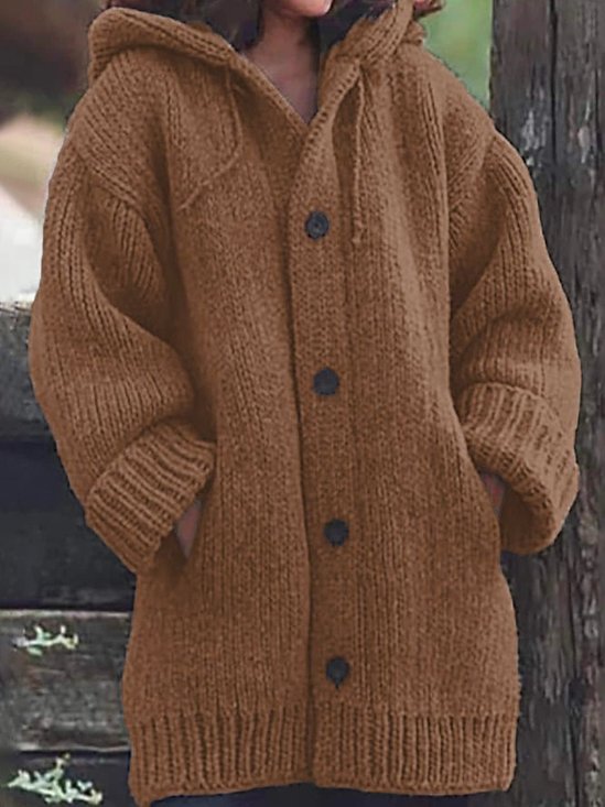 Plain Wool/Knitting Casual Loose Hoodie H-Line Sweater Mid-long Coat