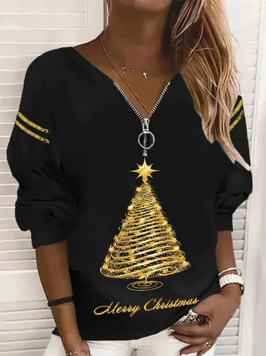 Casual Christmas Long Sleeve V Neck Printed Top Sweatshirt Xmas Hoodies