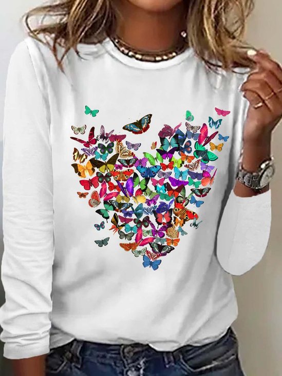 Women's Butterfly Heart Print Valentine's Day Casual Crew Neck Long Sleeve Top Shirts