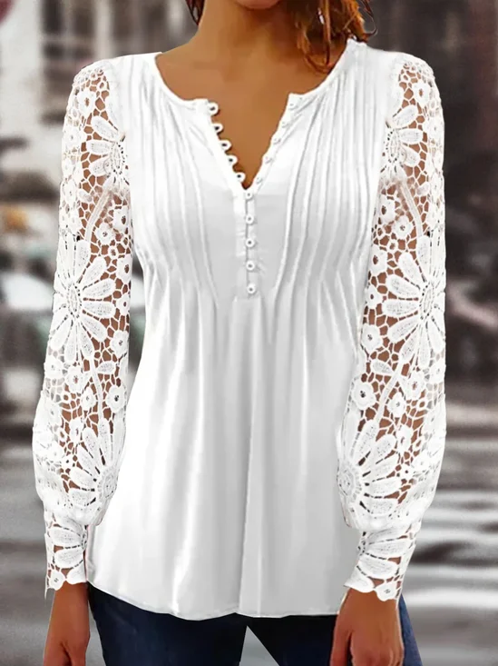 Lace Hollow out Plain Casual Patchwork Notched Neck Tunic Top Buttoned Design Long Sleeve Shirt