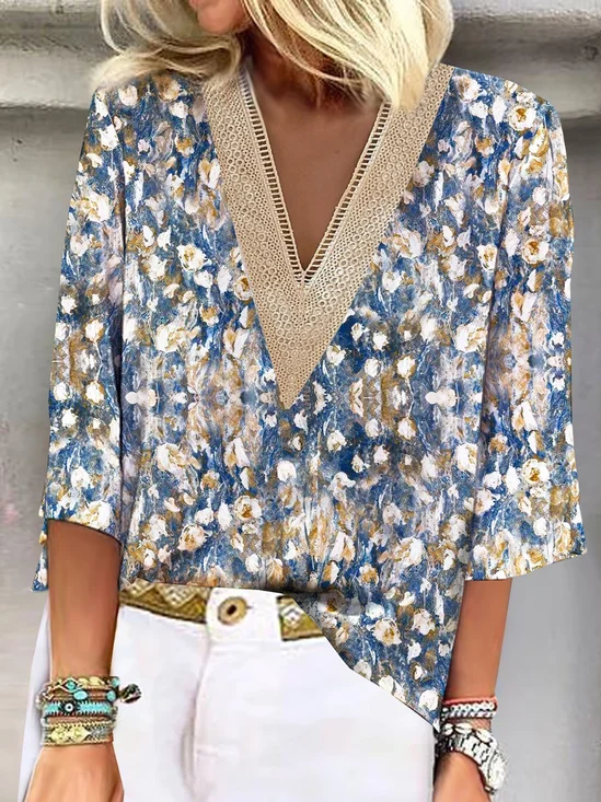 V Neck Casual Random Print Blouses