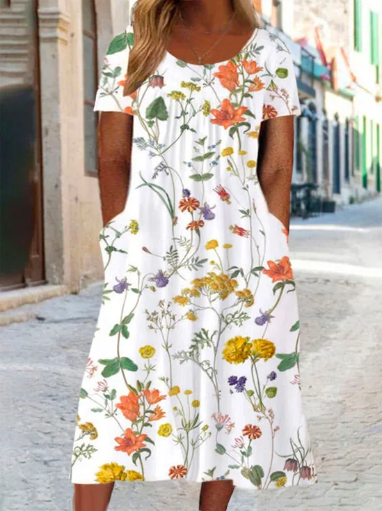 Plus Size Jersey Floral Crew Neck Vacation Dress