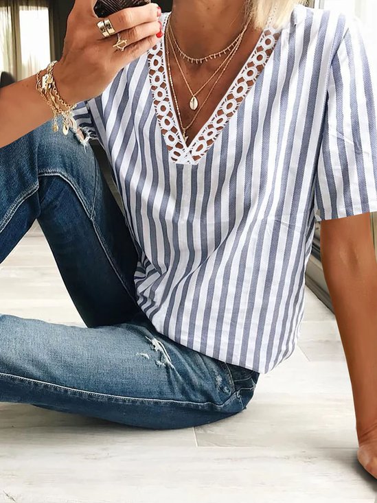 Striped V Neck Patchwork lace Casual Blouse