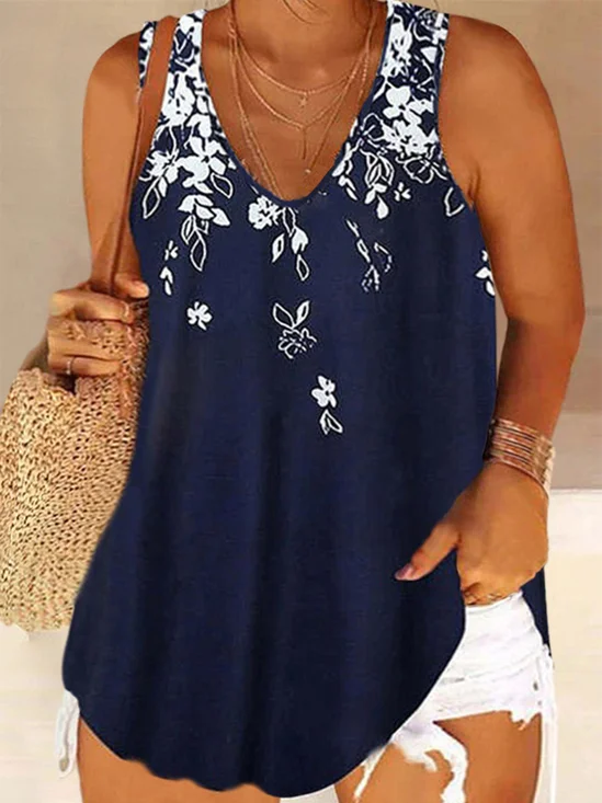 Plus Size Casual Loose Floral V Neck Tank Top