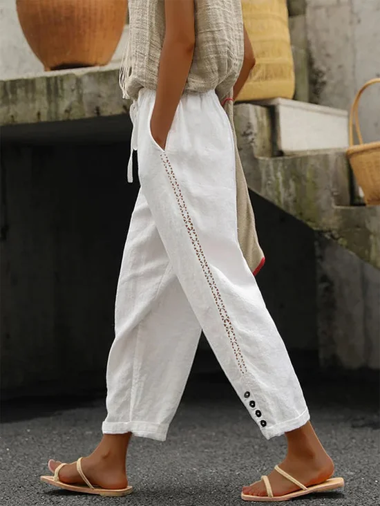 Plain Lace Edge Buckle Casual Pants