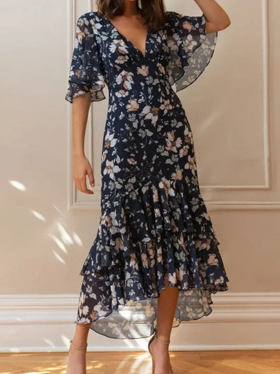 Floral Elegant Chiffon Flare Sleeve Dress