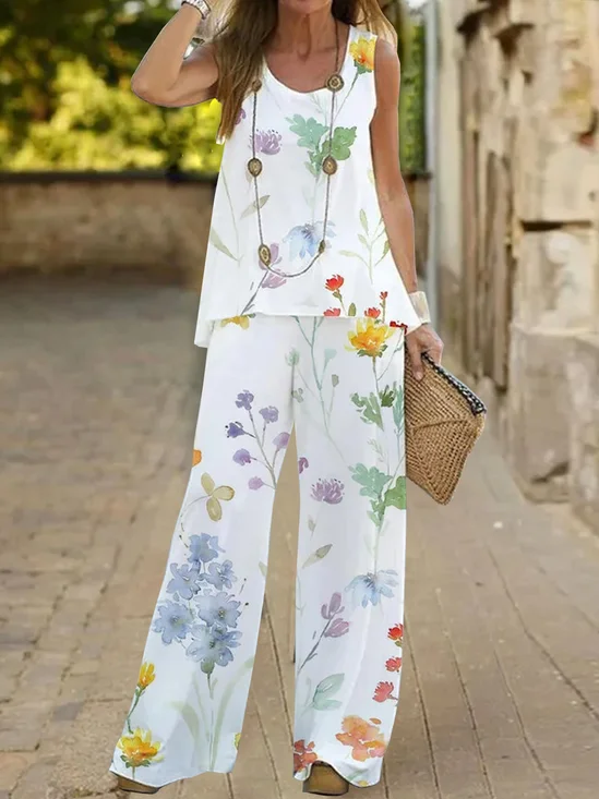 Loose Floral Printed H-Line Two-Piece Set Crew Neck Tank With Pants