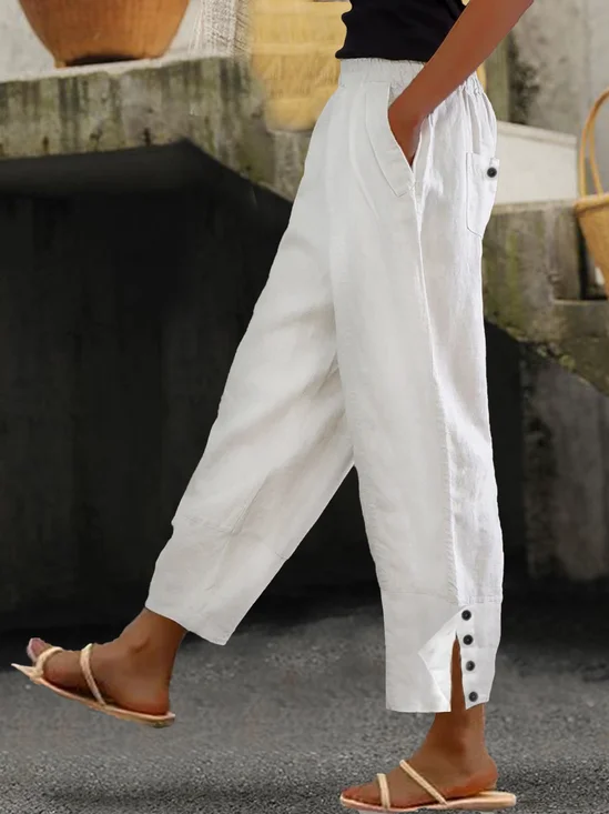 Loose Buttoned Cotton And Linen Linen Pants