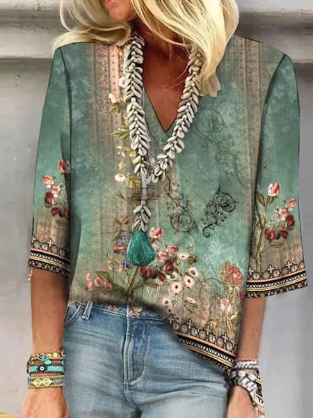 V Neck Loose Casual Vintage Floral Printed Half Sleeve Shirt