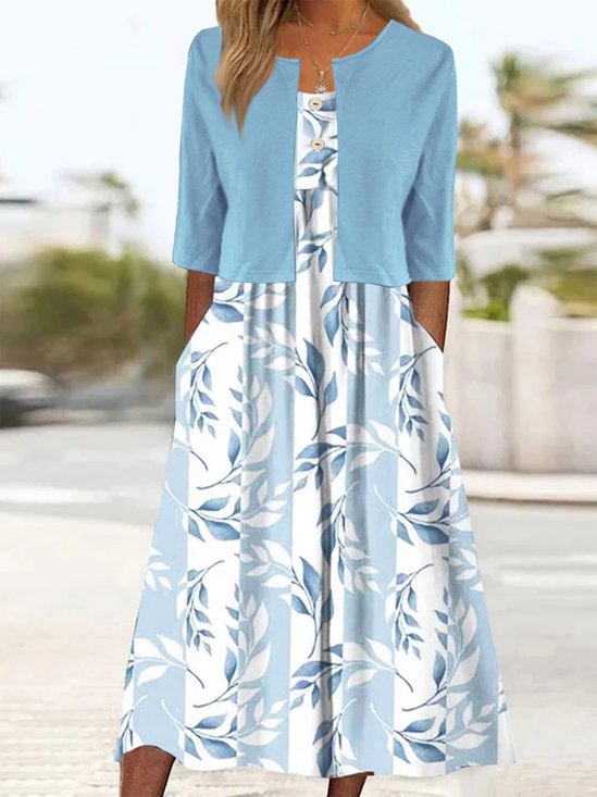 Elegant Two-Piece Set Floral Printed Tank Dress With Open Front Short Coat
