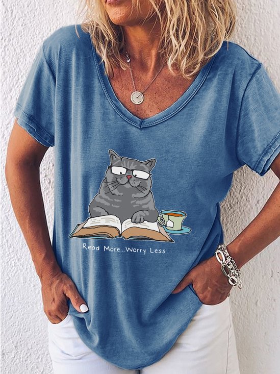 Women's Read More Worry Less Cute Cat Print Casual V Neck T-Shirt