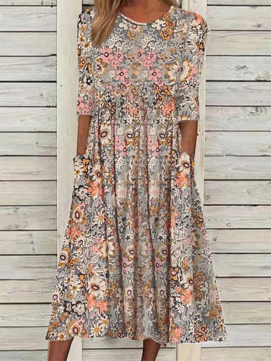 Loosen Casual Floral Short Sleeve Woven Dress