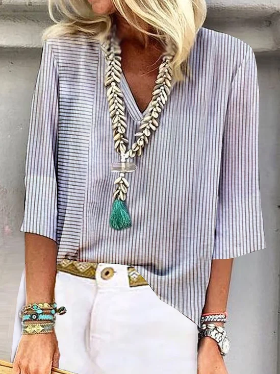 Loose Casual Striped Printed V Neck Blouses