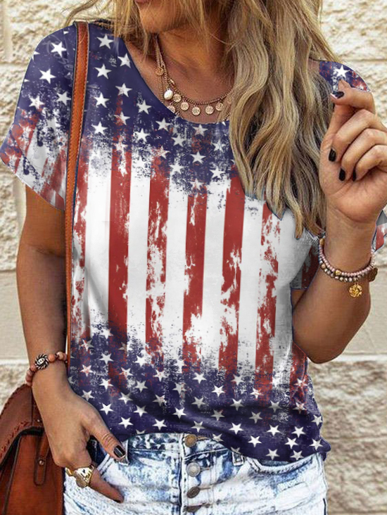 America Flag Casual Crew Neck Independence Day T-Shirt