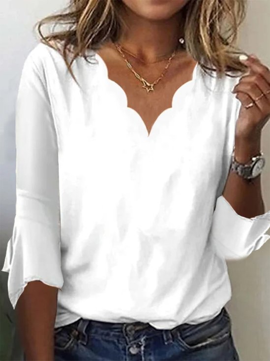 V Neck Plain Loose Ruffled Sleeves Casual T-Shirt