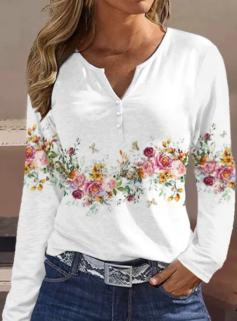 Countryside Field Flower Printed Long-sleeved Casual Shirt