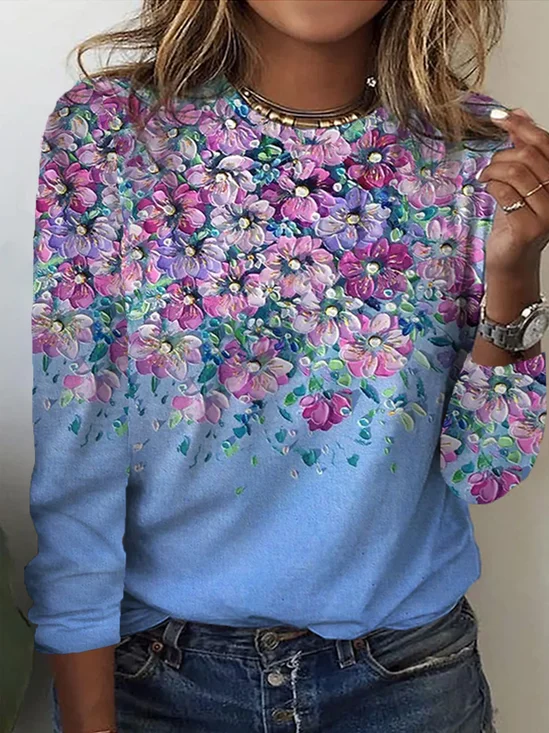 Plus Size Crew Neck Casual Floral Loose T-Shirt