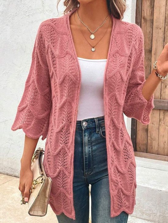 Casual Scallop Trim Pointelle Knit Open Front Cardigan
