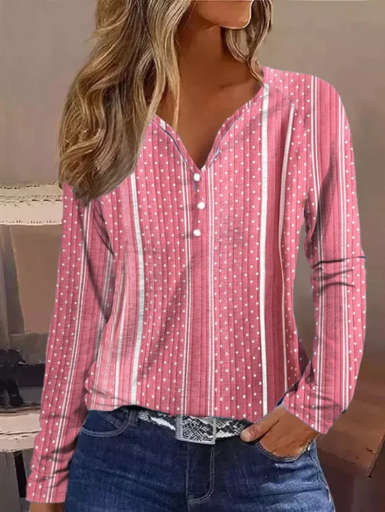 V Neck Striped Geometric Loose Casual Long Sleeve T-Shirt
