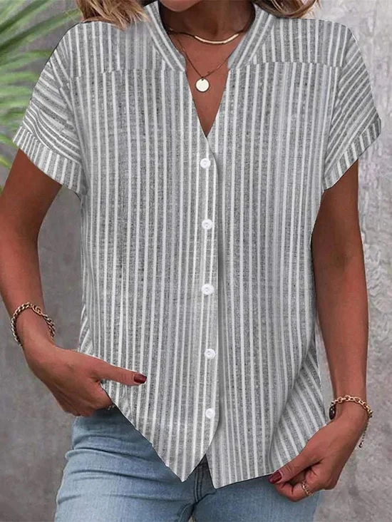 Stand Collar Striped Loose Casual Blouse