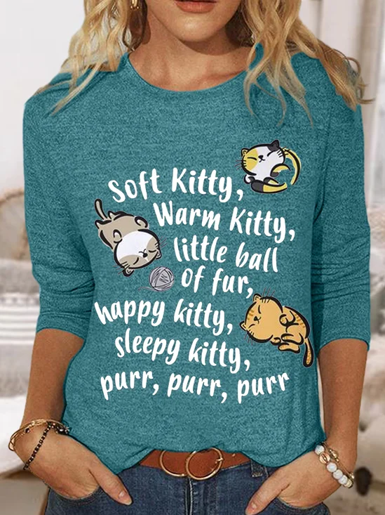 Womne's Soft Kitty Warm Kitty Cat Text Letters Casual Long Sleeve Shirt