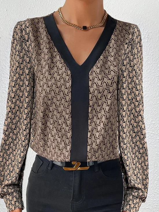 Vintage Geometric Casual Loose Color Block V Neck Long Sleeve Shirt