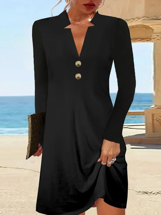 Casual Plain Buttoned V Neck Jersey Fit & Flare Long Sleeve Midi Dress