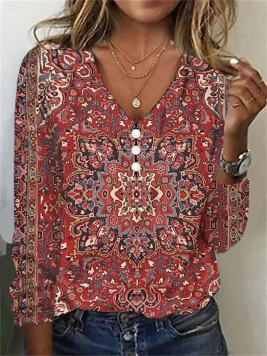 Nationality/Ethnic Casual V Neck Loose T-Shirt
