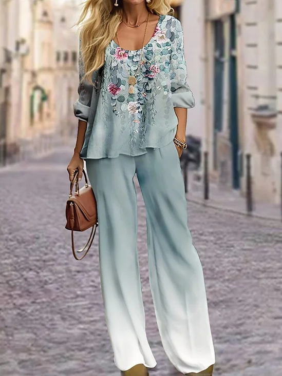 Casual Loose Crew Neck Floral Two-Piece Set