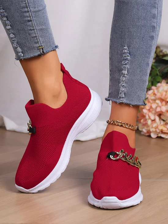 Women Chain Decor Slip On High-Elastic Flyknit Sneakers