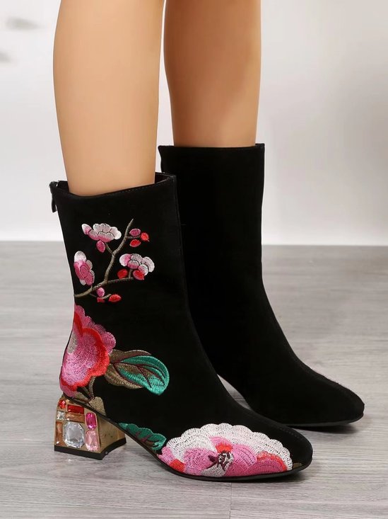 Ethnic Floral Embroidery Fashion Block Heel Boots