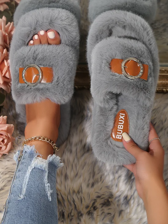 Casual Color Block Buckle Comfy Fluffy Slippers