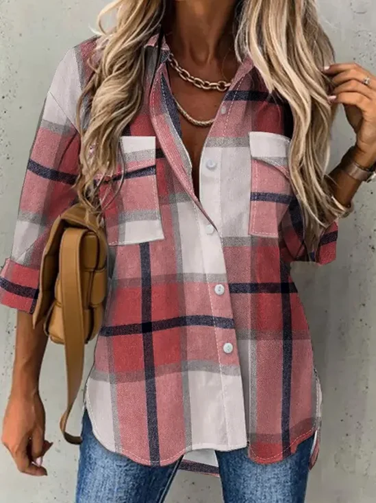 Classic Check Casual Loose Plaid Shirt Collar H-Line Long Sleeve Blouse