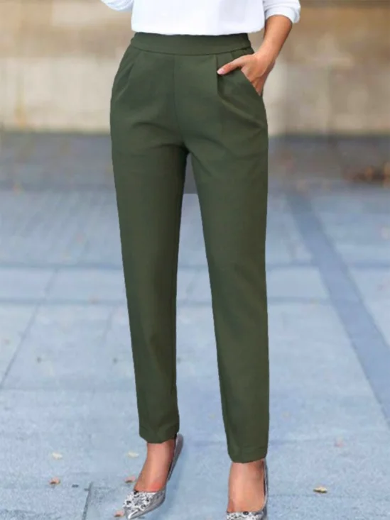 Plain Basic Casual H-Line Elastic Waistband Harem Pants With Pockets