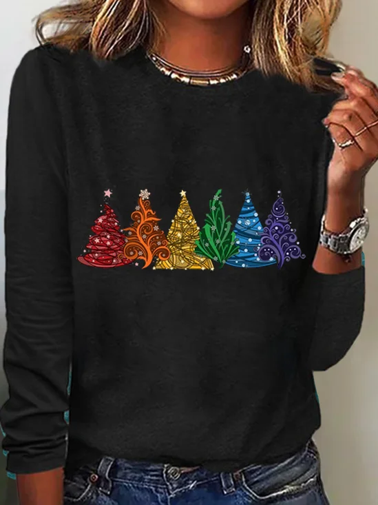 Women's Christmas Tree Daily Cotton-Blend Crew Neck Casual H-Line Long Sleeve Shirt