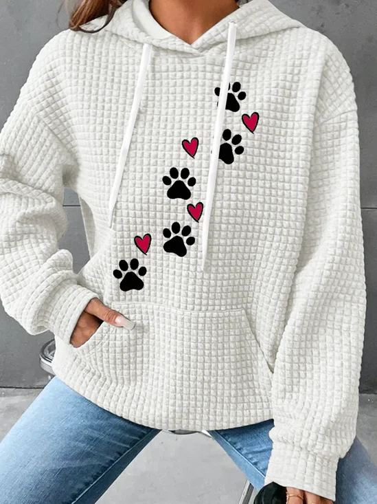 Simple Daily Heart Dog Paw Print H-Line Heavyweight Loose Cotton-Blend Long Sleeve Hoodie