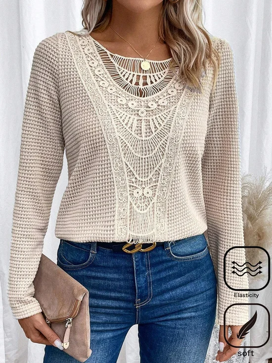 Plus Size Lace Crochet Design Loose Daily Casual Plain Crew Neck H-Line Long Sleeve T-Shirt