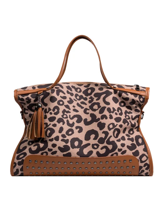 West Style Leopard Rivet Large Capacity Canvas Tote Bag