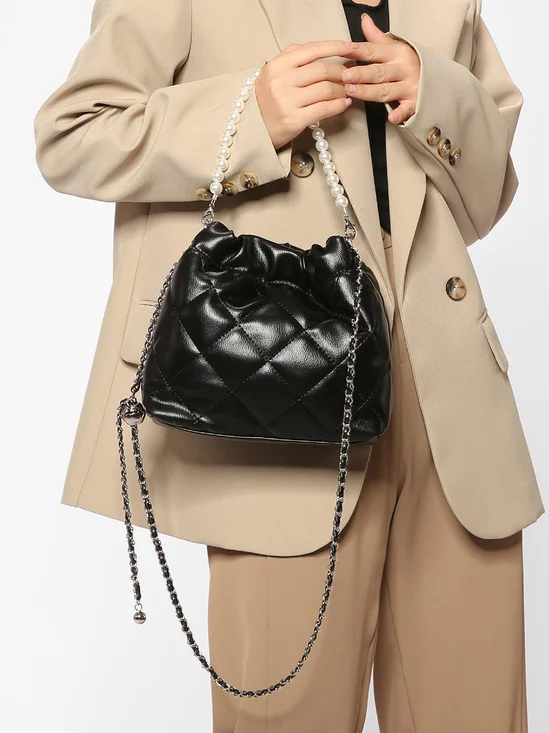 Elegant Quilted Crossbody Bag Party Bucket Handbag with Imitation Pearl Strap