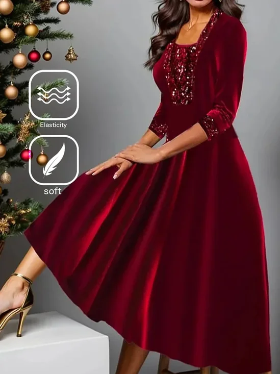 Velvet Heavyweight Loose Daily Casual Plain Christmas Holiday A-Line Long Sleeve Maxi Dress