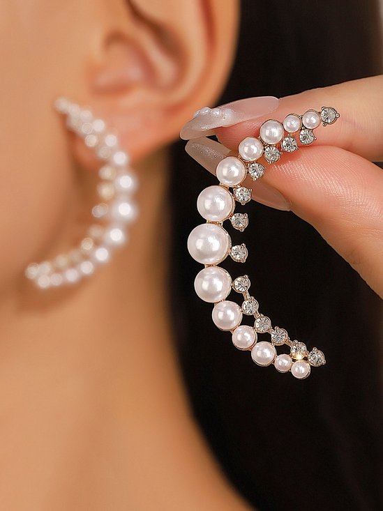 Sparkling Rhinestone Imitation Pearl Elegant Crescent Shaped Earrings