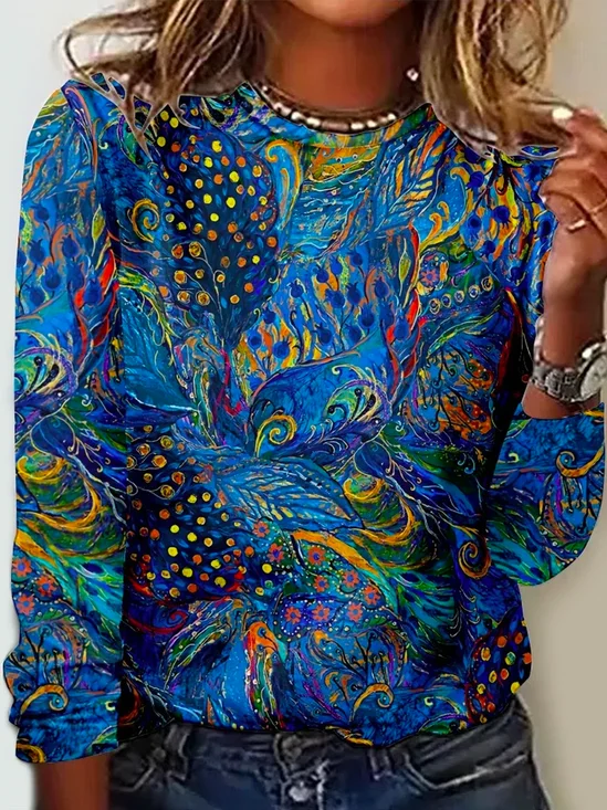 Plus size Peacock Print Casual Crew Neck T-Shirt