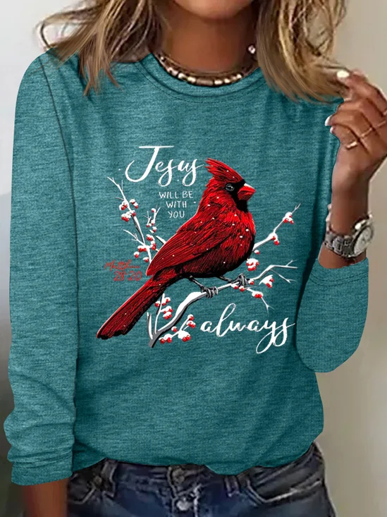 Matthew 28:20 Jesus Will Be With You Always Print Crew Neck Bird Simple Cotton-Blend Long Sleeve Shirt